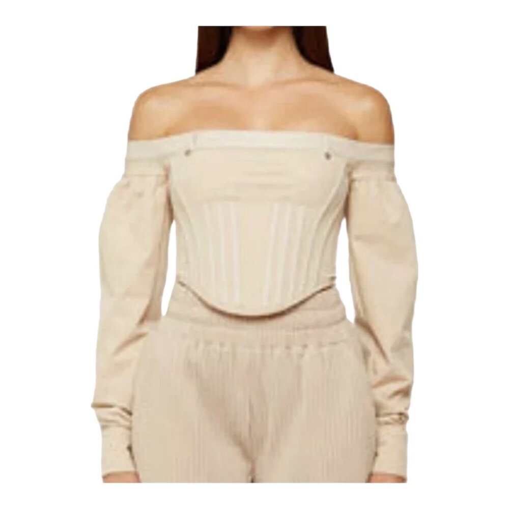Maniere De Voir Size 10 Long Sleeve Beige Technical Corset Top NEW WITH TAGS